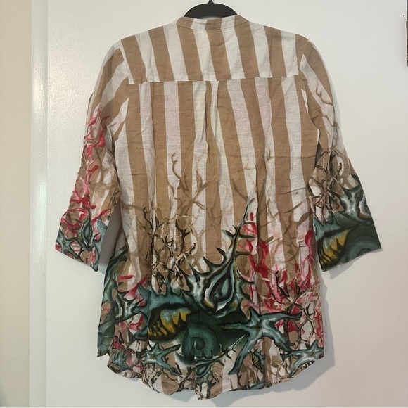 Antica Sartoria Striped Coral Print Embellished Button Down Blouse - Picture 2 of 7